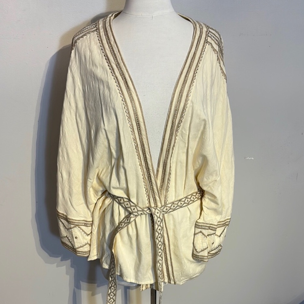 Cream and Tan Embroidered Kimono Cardigan